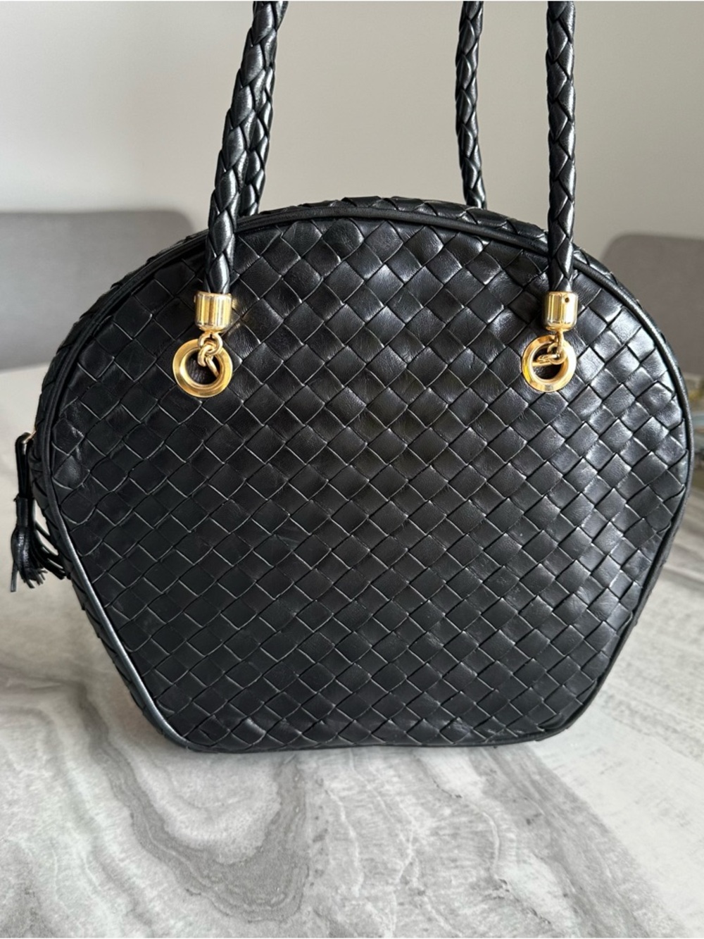 Vintage 90s Bottega Veneta Black Intrecciato Woven Leather Shoulder Bag